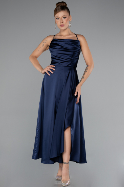 Robe de Cérémonie Midi Satin Bleu Marine ABK1586