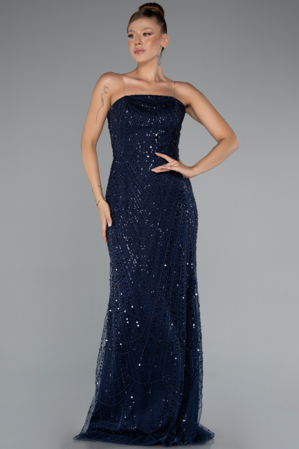 Robe de Soirée Longue Perlé Bleu Marine ABU5141