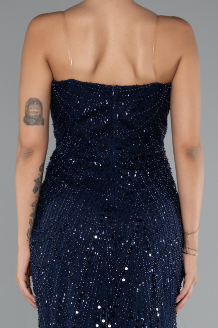 Robe de Soirée Longue Perlé Bleu Marine ABU5141