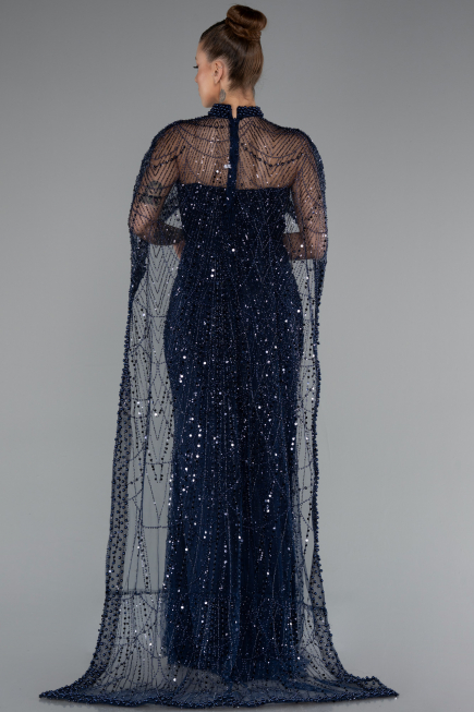 Robe de Soirée Longue Perlé Bleu Marine ABU5141