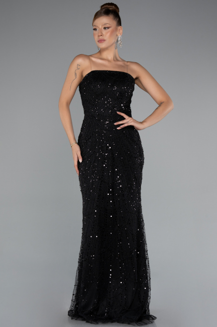Robe de Soirée Longue Perlé Noir ABU5141