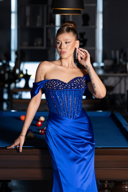 Robe de Soirée Longue Satin Bleu Saxe ABU5130