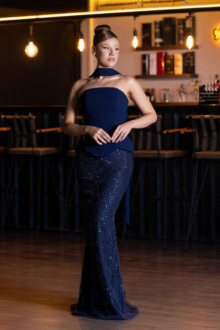 Robe de Soirée Longue Perlé Bleu Marine ABU5131