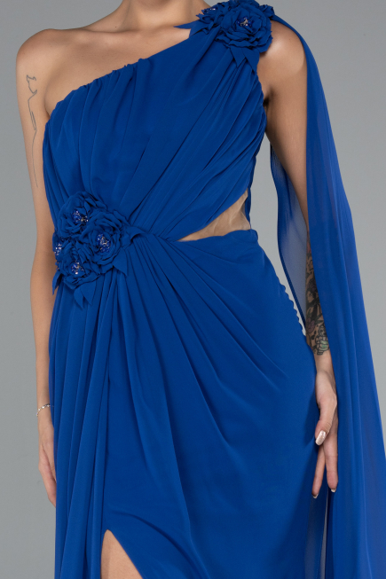 Robe de Soirée Longue Mousseline Bleu Saxe ABU5144