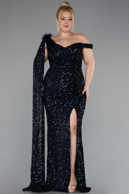 Robe de Soirée Grande Taille Longue Squameuse Bleu Marine ABU5151