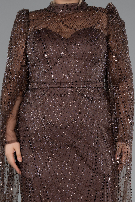Robe De Fiançailles Grande Taille Longue Perlé Brun ABU5153