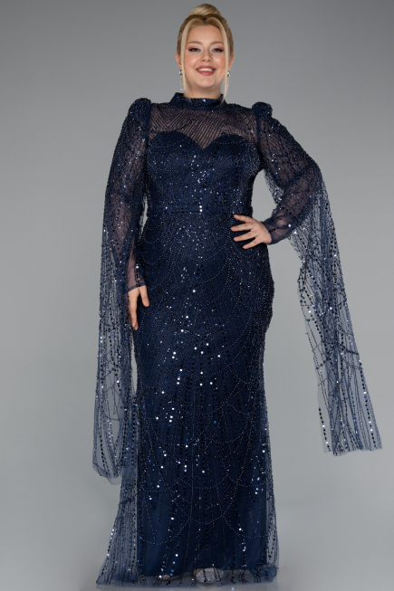 Robe de Soirée Longue Perlé Bleu Marine ABU5152