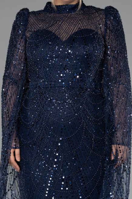 Robe de Soirée Longue Perlé Bleu Marine ABU5152