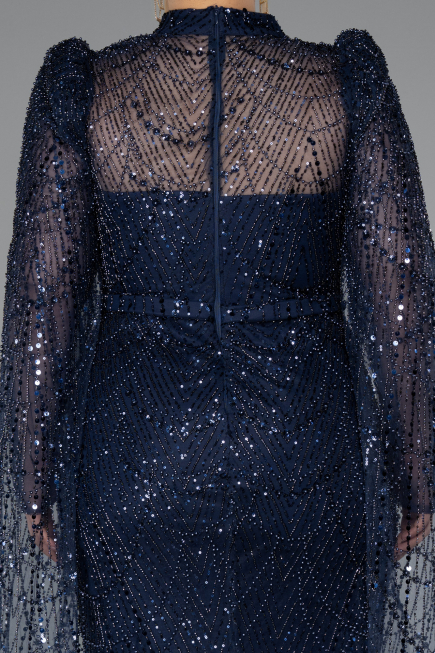 Robe de Soirée Longue Perlé Bleu Marine ABU5152