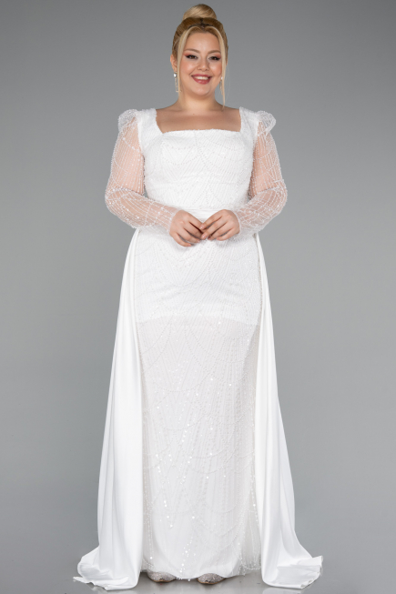 Robe De Fiançailles Grande Taille Perlé Longue Blanc ABU4761