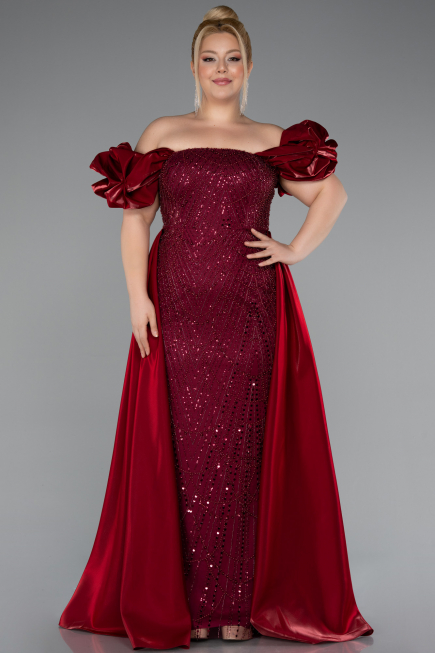 Robe de Soirée Grande Taille Longue Perlé Rouge Bordeaux ABU5155
