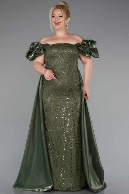 Robe de Soirée Grande Taille Longue Perlé Kaki ABU5155