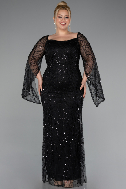 Robe De Soirée Grande Taille Longue Perlé Noir ABU5067