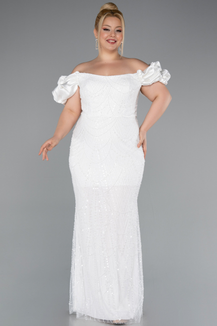 Robe De Fiançailles Grande Taille Perlé Longue Blanc ABU4788