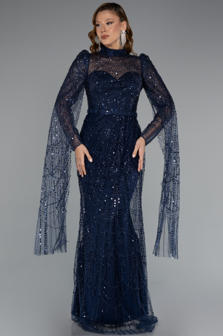 Robe de Soirée Longue Perlé Bleu Marine ABU5152