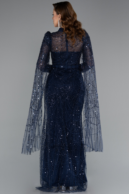 Robe de Soirée Longue Perlé Bleu Marine ABU5152