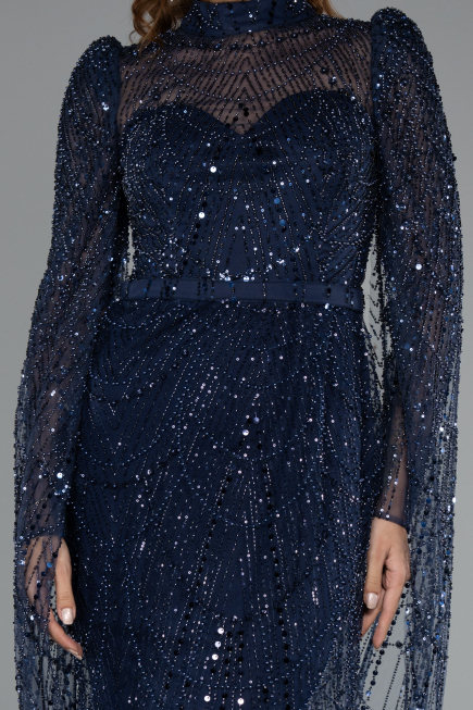 Robe de Soirée Longue Perlé Bleu Marine ABU5152