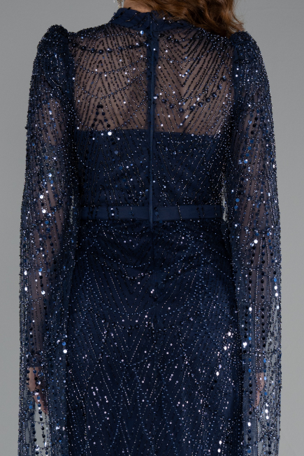 Robe de Soirée Longue Perlé Bleu Marine ABU5152