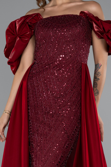 Robe de Soirée Longue Perlé Rouge Bordeaux ABU5154