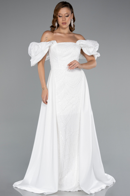 Robe de Soirée Longue Perlé Blanc ABU5154