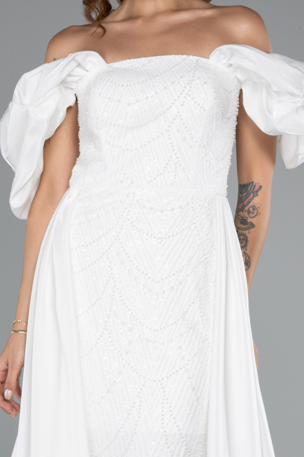 Robe de Soirée Longue Perlé Blanc ABU5154