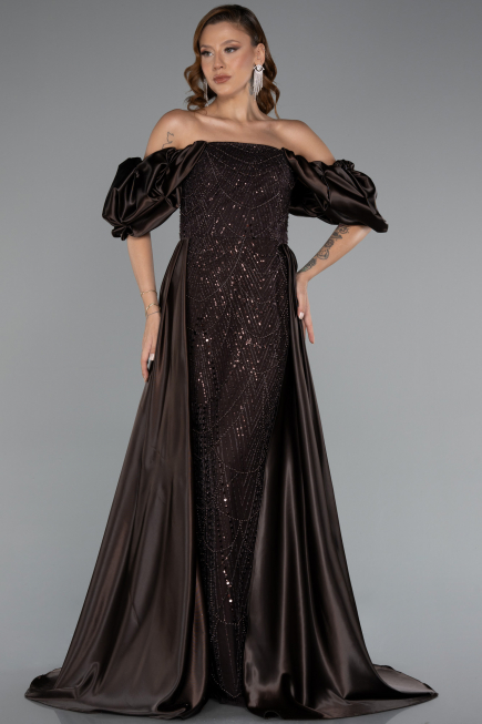Robe de Soirée Longue Perlé Brun ABU5154