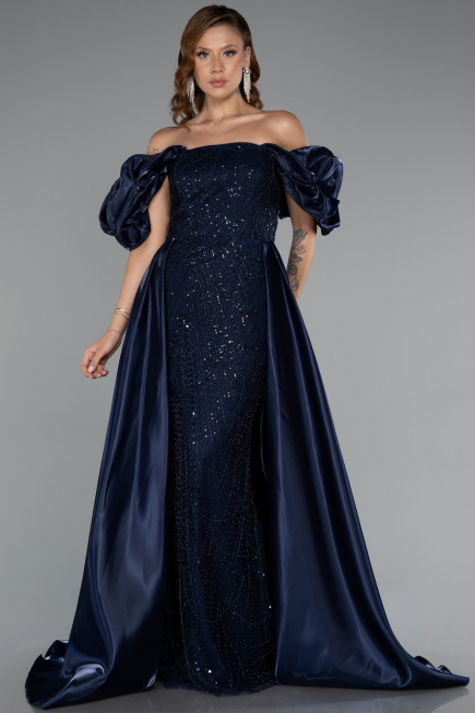 Robe de Soirée Longue Perlé Bleu Marine ABU5154