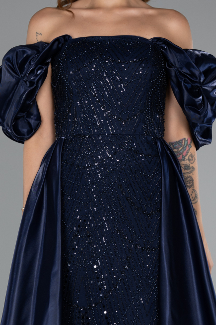 Robe de Soirée Longue Perlé Bleu Marine ABU5154