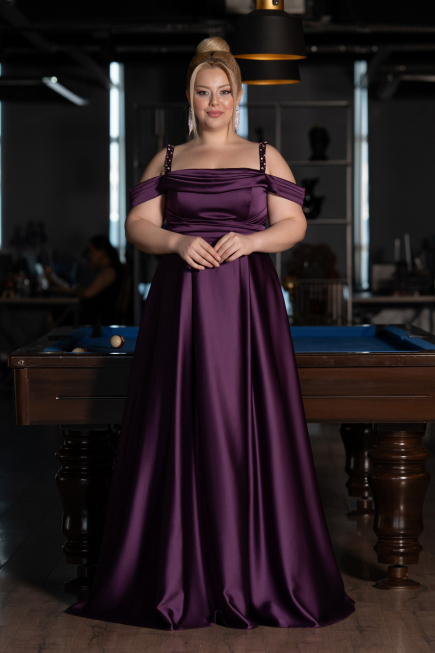 Robe De Fiançailles Grande Taille Longue Satin Prune ABU4207