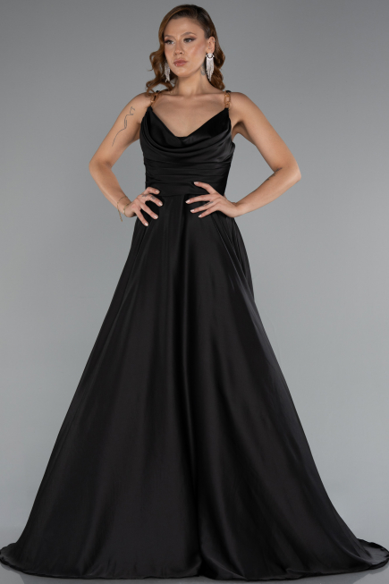 Robe de Soirée Longue Satin Noir ABU5146