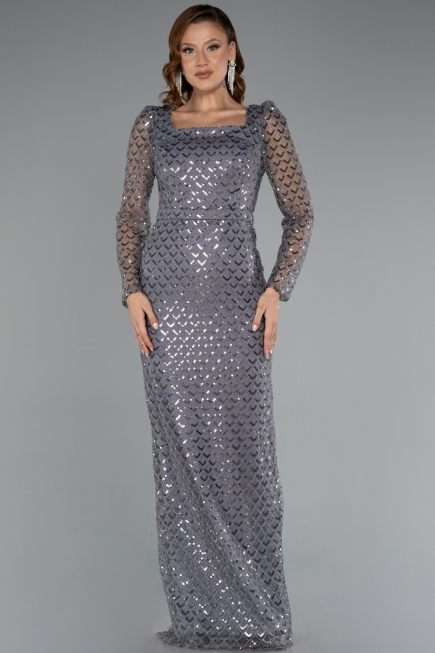 Robe de Soirée Longue Perlé Gris ABU5165