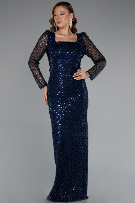 Robe de Soirée Longue Perlé Bleu Marine ABU5165