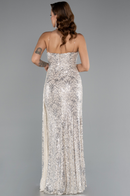 Robe de Soirée Longue Squameuse Beige ABU5167