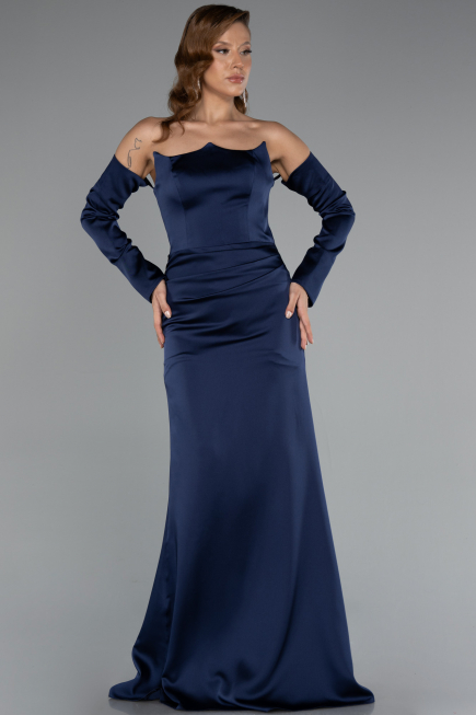 Robe de Soirée Longue Satin Bleu Marine ABU5168