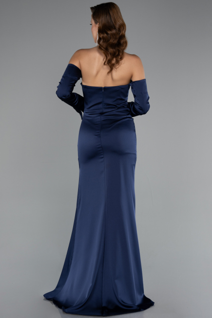 Robe de Soirée Longue Satin Bleu Marine ABU5168