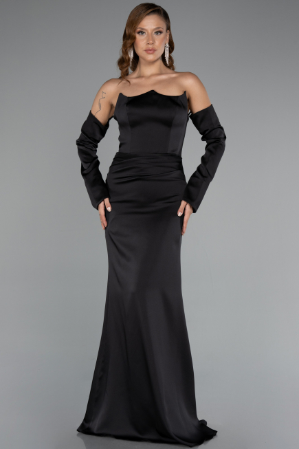 Robe de Soirée Longue Satin Noir ABU5168