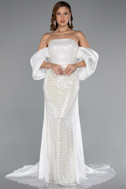 Robe de Soirée Longue Perlé Blanc ABU5169