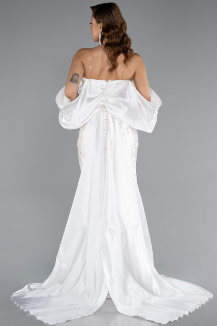 Robe de Soirée Longue Perlé Blanc ABU5169