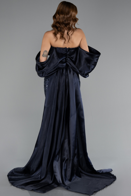 Robe de Soirée Longue Perlé Bleu Marine ABU5169
