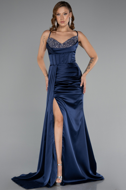 Robe de Soirée Longue Satin Bleu Marine ABU5171