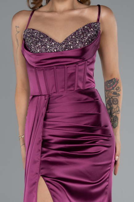 Robe de Soirée Longue Satin Prune ABU5171