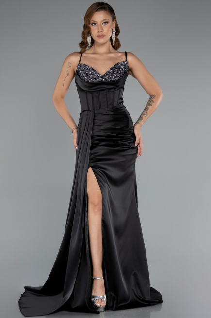 Robe de Soirée Longue Satin Noir ABU5171