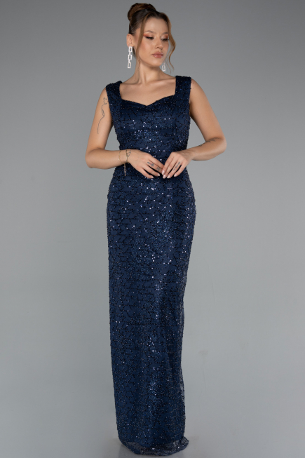 Robe de Soirée Longue Perlé Bleu Marine ABU5187