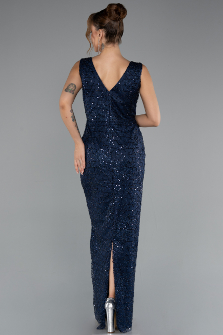 Robe de Soirée Longue Perlé Bleu Marine ABU5187