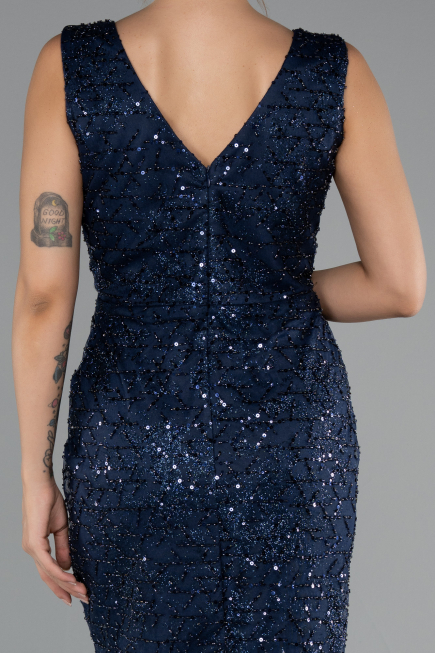 Robe de Soirée Longue Perlé Bleu Marine ABU5187