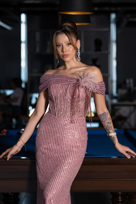 Robe de Soirée Longue Perlé Poudre ABU5183