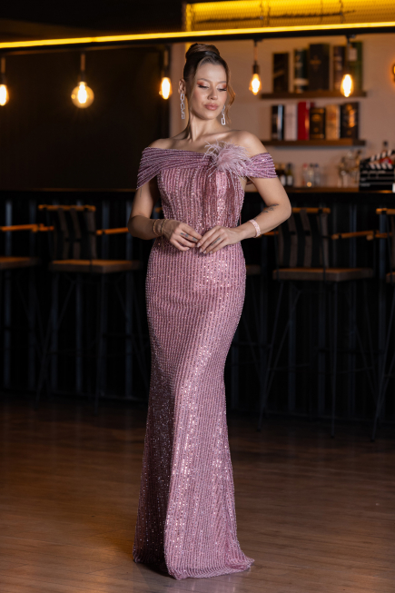 Robe de Soirée Longue Perlé Poudre ABU5183