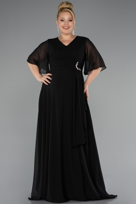 Robe de Soirée Grande Taille Longue Mousseline Noir ABU5180