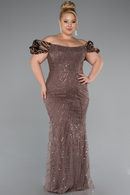 Robe De Fiançailles Grande Taille Perlé Longue Brun ABU4788