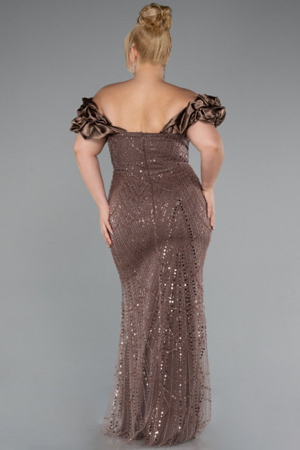 Robe De Fiançailles Grande Taille Perlé Longue Brun ABU4788
